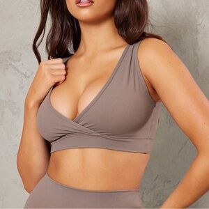Taupe Cross Front Sports Bra
